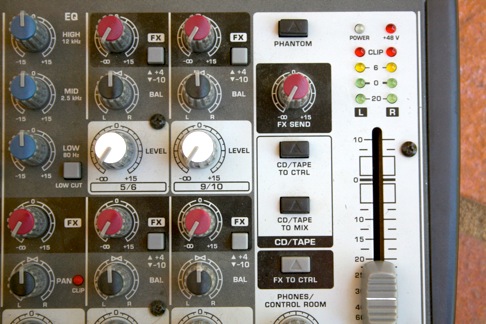 Shot of a hardware audio mixer that shows the FX sends for each channel and the FX receive channel.